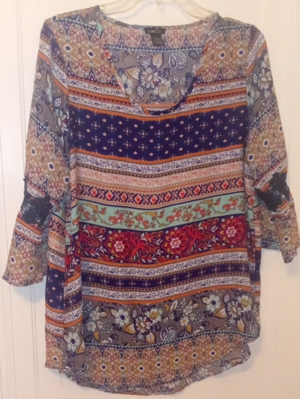 Boho Floral Stripe V-Neck Tunic Top - Multicolor thin light weight, large